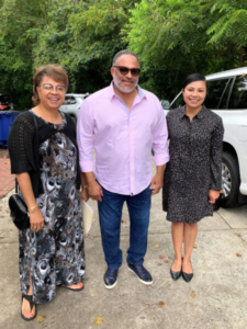 First Church Secretary Lisa Lash, left, with Pastor Bernie Cundiff, center, and Diana Santos Johnson, right.